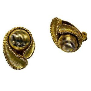 Vintage Kramer Gold Clip-On Earrings With Ribbed Dome & Twisted Rope Design